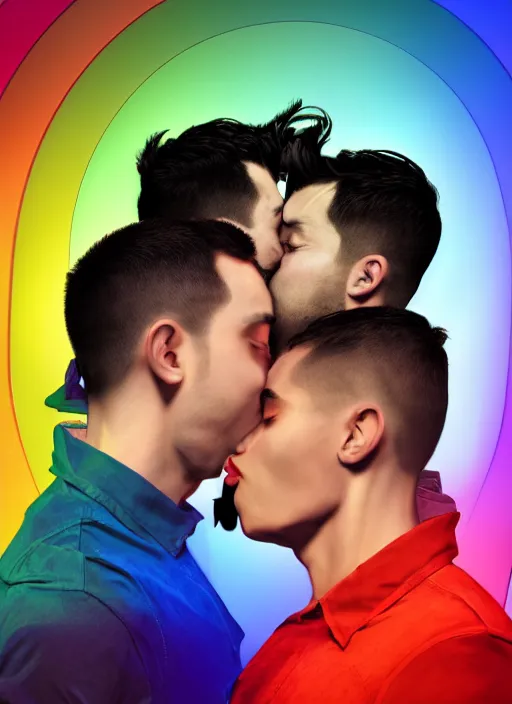 Image similar to two gay men kissing as rainbows explode their heads, oil painting !dream Madison Beer as a video game character, digital art, unreal engine, unreal engine render, blender render, render, 4k, coherent