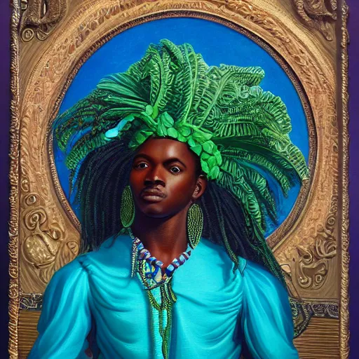 Prompt: portrait oil painting of an imposing and mature african - haitian voodoo god of the sea wearing intricate blue and sea - green clothes handing a conch shell by john william godward. photorealistic, highly detailed, bright colors, classical lighting, under the sea background.