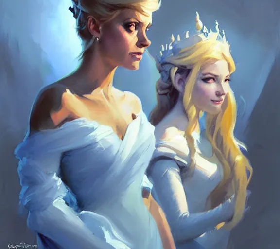 Image similar to greg manchess portrait painting of beautiful, princess d & d, fantasy, medium shot, asymmetrical, intricate, elegant, matte painting, illustration, hearthstone, by greg rutkowski, by greg tocchini, by james gilleard, by joe fenton, dynamic lighting, gradient light blue, brown, blonde cream and white color scheme, grunge aesthetic