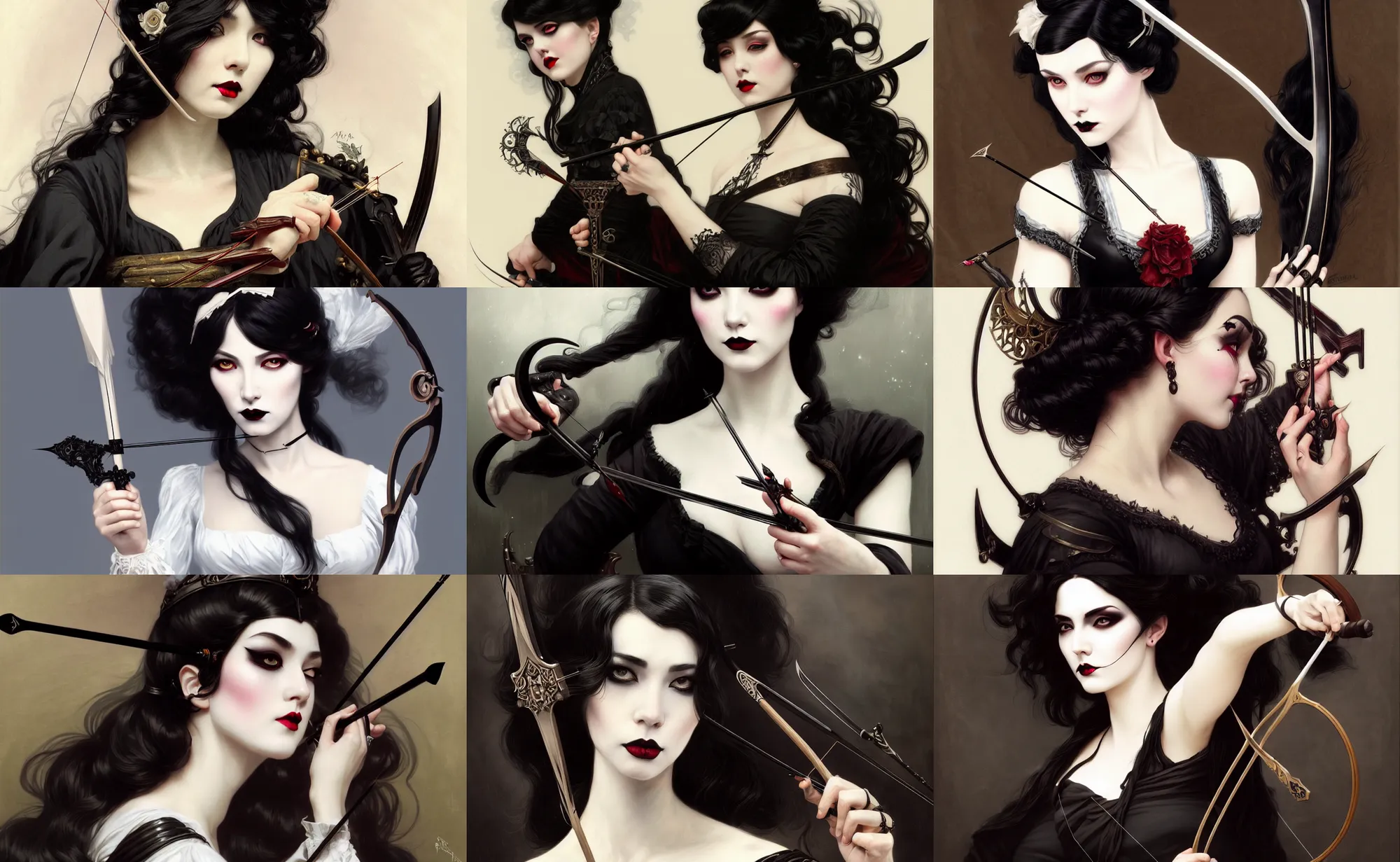 Prompt: wide shot, woman, victorian goth, white powder makeup, holding archery bow, ebony wood bow, dark lipstick, asian, black hair, d & d, fantasy, elegant, highly detailed, digital painting, artstation, concept art, matte, sharp focus, illustration, art by artgerm and greg rutkowski and alphonse mucha