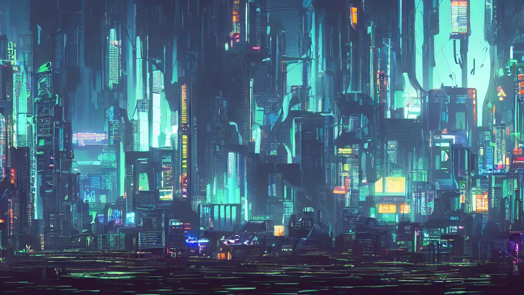 Prompt: cel - shaded cyberpunk landscape