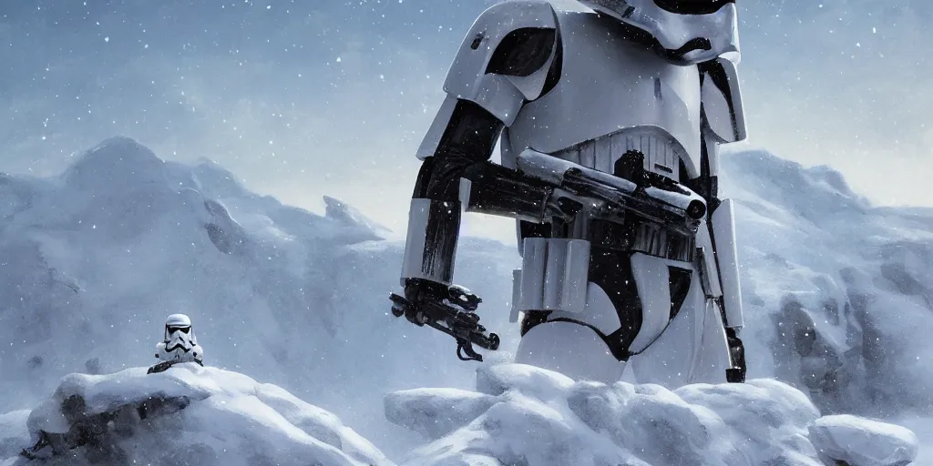 Image similar to star wars snow trooper on a snowy mountain top, greg rutkowski, 8 k, shallow depth of field, intricate detail, concept art,