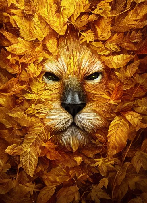 Image similar to golden leaves at frame border, creative!!! composition for a book cover, absurdly beautiful, ultrafine hyperrealistic detailed animal face by wlop and artgerm and greg rutkowski, intricate linework, sharp focus, smooth, octopath traveler, final fantasy, unreal engine, dramatic lighting, ethereal, 8 k