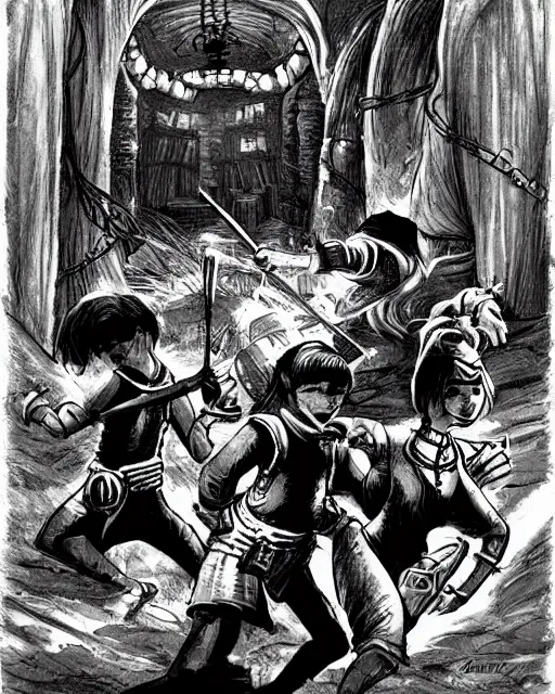 Image similar to four adventurers in a dungeon, hiding from a beholder. black and white, retro fantasy illustration