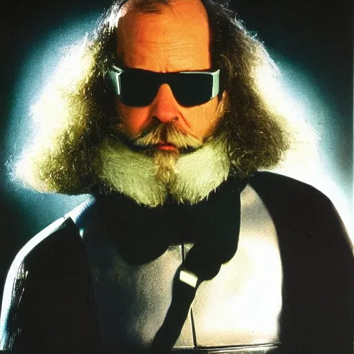 Prompt: artist and actor kevin page from robocop film. white beard and moustache. green hat. dark room. portrait. photorealistic. incredible. dramatic. surrealistic painting. 7 0 s photo. cool sunglasses. long white hair. dark room. crazy artist.