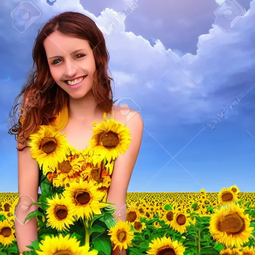 Image similar to Fantasy Map, Illustration of a Ukrainian girl Smiling | Subject Description: Beautiful pretty young, flowers in her dark hair, Scene: Sunflower field, Image Colors: Yellow sunflowers, blue cloudy sky