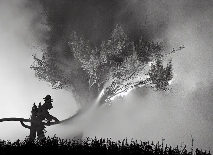 Image similar to stunning award winning photograph of a firefighter spraying water on a burning tree on a foggy night