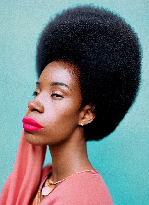 Prompt: kodak portra 4 0 0 photography of side profile of a bautiful woman with a big nose, glossy lips, afro hair style