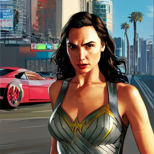 Image similar to gal gadot in gta v, cover art by stephen bliss, artstation, no text