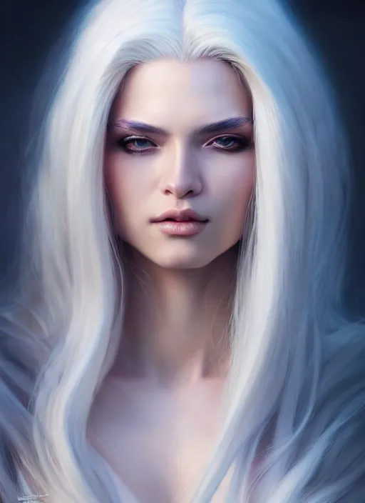 Image similar to a gorgeous female with long white hair in the style of stefan kostic, realistic, full body shot, wide angle, sharp focus, 8 k high definition, insanely detailed, intricate, elegant, art by stanley lau and artgerm, floating embers
