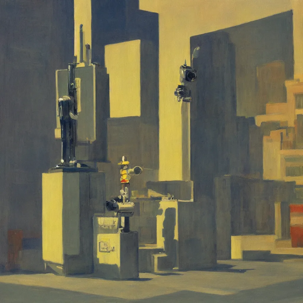 Prompt: a painting of a tin can robot posing for instagram in front of the World Trade Center by Edward Hopper