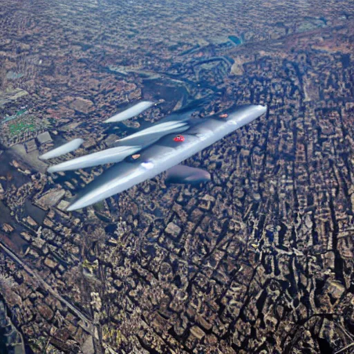 Prompt: infrared camera view from bomber, flying over manhattan, c130, military
