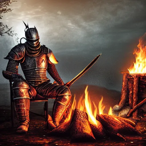 Prompt: fume knight boss from dark souls 2 sitting near a camp fire, evening time, heavy rain, rain water reflections in ground, digital illustration, crisp details, highly detailed art, 8k image quality, full body camera shot