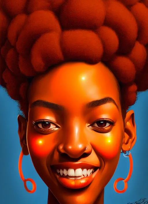 Image similar to portrait of shy black girl, realistic, bantu knots, pointy nose, lanky, smile, nerdy, defined jawline, big chin, orange hair bow, earrings, intricate, elegant, glowing lights, highly detailed, digital painting, artstation, sharp focus, illustration, art by wlop, mars ravelo and greg rutkowski