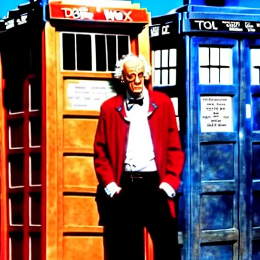 Prompt: christopher lloyd as doctor who in front of tardis, directed by james cameron, 1 9 9 9