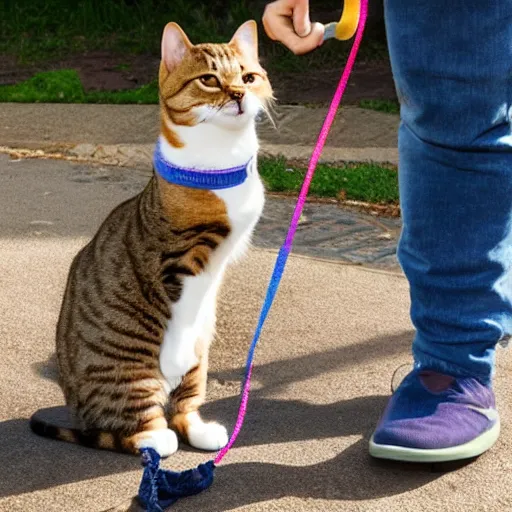 Prompt: a cat standing up on back legs, with a human on a leash as a pet