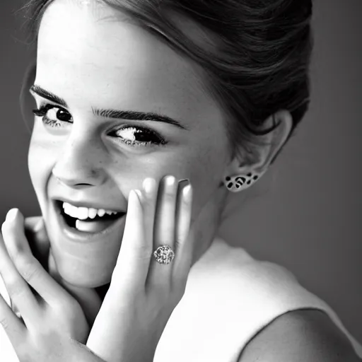 Image similar to A photo of laugh emma watson show wedding ring on his fingers. 50 mm. perfect ring. award winning photography