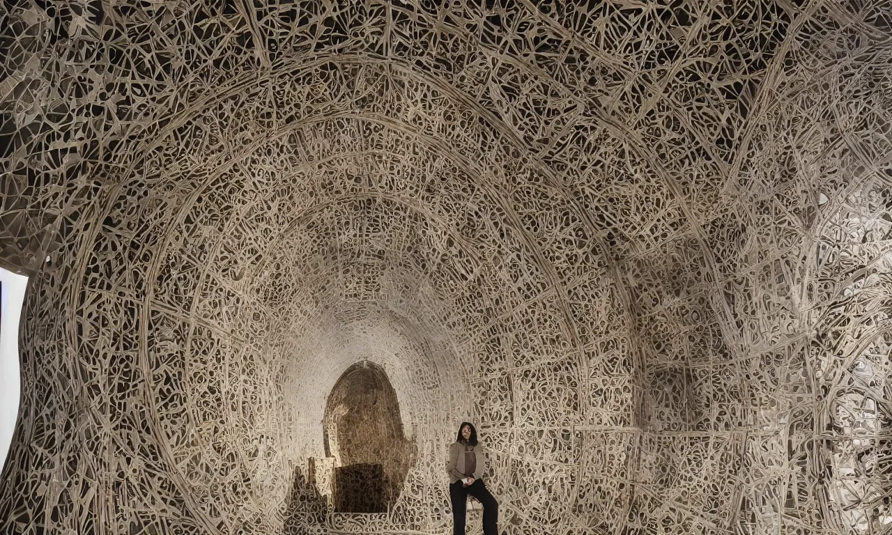 Image similar to giovanna pillaca standing inside el retablo digital architectural sculptural interior, ancestors and future, visually satisfying architecture render