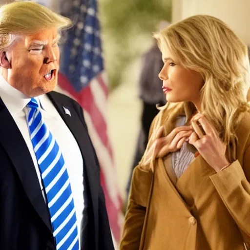 Image similar to Donald Trump in a Hallmark movie, movie still, chick flick