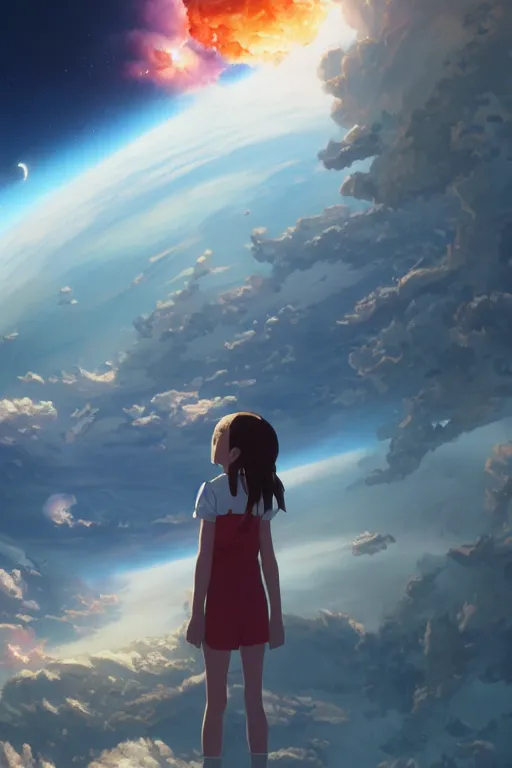 Prompt: a highly detailed matte painting of a girl watching space station explosion by studio ghibli, makoto shinkai, by artgerm, by wlop, by greg rutkowski, volumetric lighting, octane render, 4 k resolution, trending on artstation, masterpiece