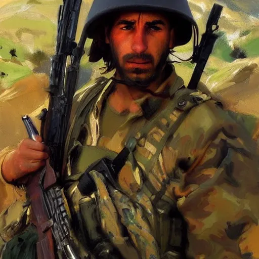 Prompt: Intense vibrant film still of a Kurdish pkk soldier in the Kurdish mountains, oil painting by John Singer Sargent, Adrian Smith, Greg Rutkowski, Trending on Artstation, incredible detail, photorealistic