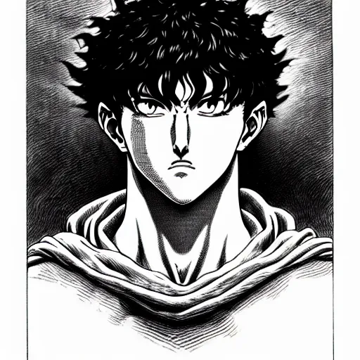 Image similar to a beautiful portrait of man by kentaro miura and gustave dore, berserk style, hyperdetailled manga character