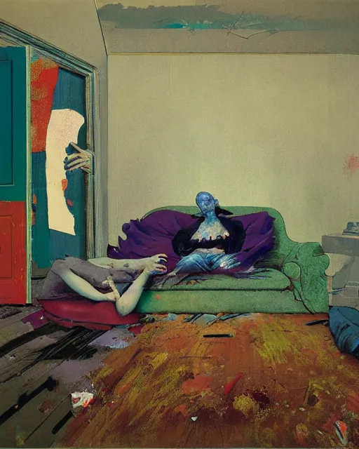 Prompt: old dead couple on couch in a decayed and ruined apartment room in the style of Francis Bacon and Syd Mead and Norman Rockwell and Beksinski, open ceiling, highly detailed, painted by Francis Bacon and Edward Hopper, painted by James Gilleard, surrealism, airbrush, very coherent, triadic color scheme, art by Takato Yamamoto and James Jean