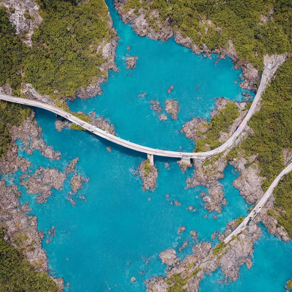 Image similar to single lane bridges winding over wide ocean of bright blue water, birds eye view