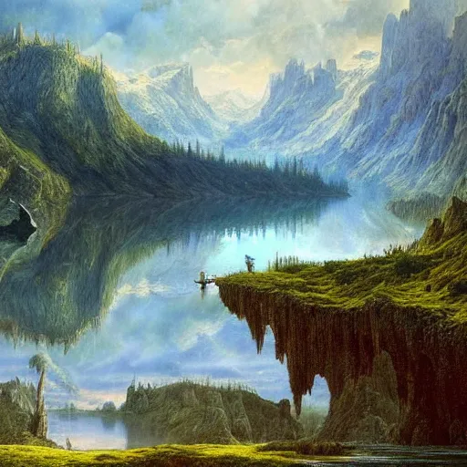 Prompt: a beautiful and highly detailed matte painting of a beautiful lake deep in the mountains, intricate details, epic scale, insanely complex, 8 k, sharp focus, hyperrealism, very realistic, by caspar friedrich, james gurney, brian froud,