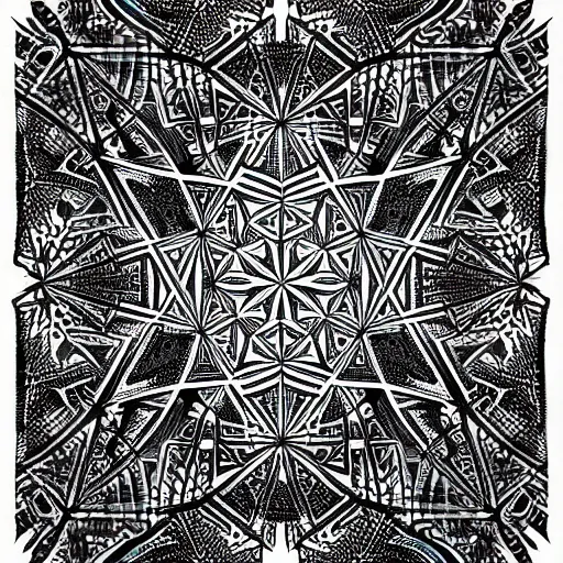 Image similar to an infinite fractal kaleidoscope, micron pen drawing, black ink, by charles burns, mandelbrot