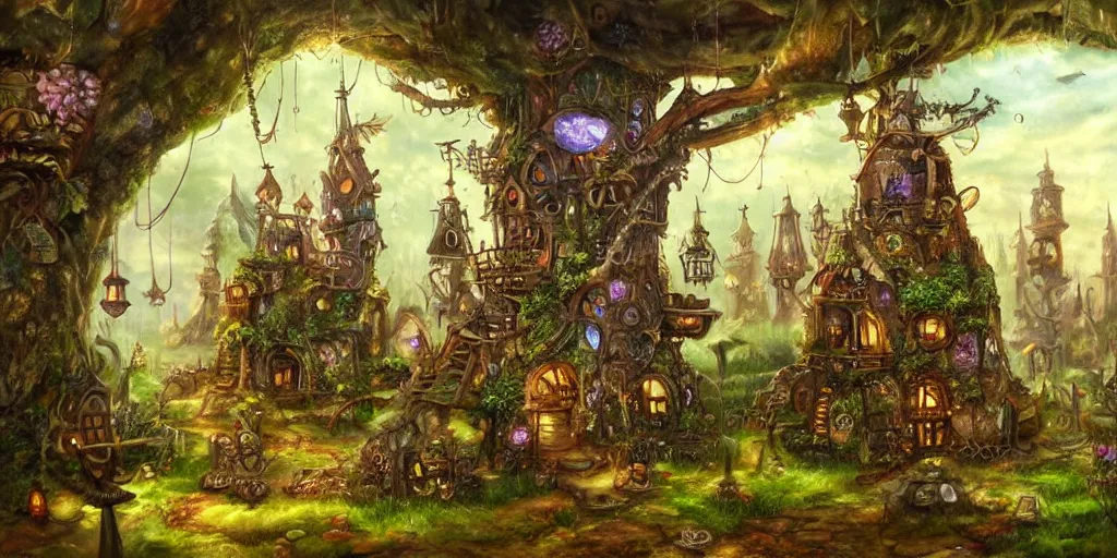 Prompt: a steampunk fairy village in a tree, highly detailed oil painting, epic fantasy art, abstraction, masterpeice, 8k