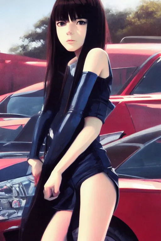 Image similar to A ultradetailed beautiful panting of a stylish girl standing in front of a Nissan GTR, Oil painting, by Ilya Kuvshinov, Greg Rutkowski and Makoto Shinkai