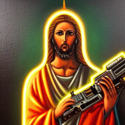 Prompt: beautiful detailed religious oil painting of robotic cyberpunk jesus with a gun in a neon city