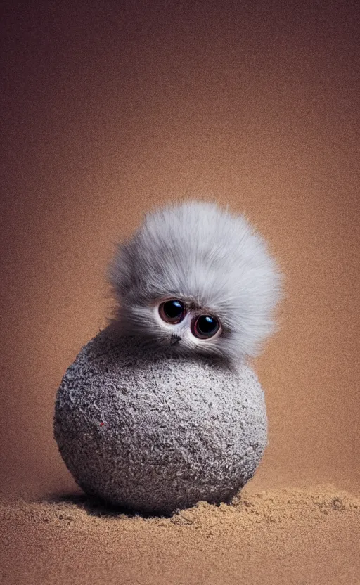 Prompt: a living ball of dust with cute big eyes, small legs and arms against a background of muted colors, realistic, 8k, photo