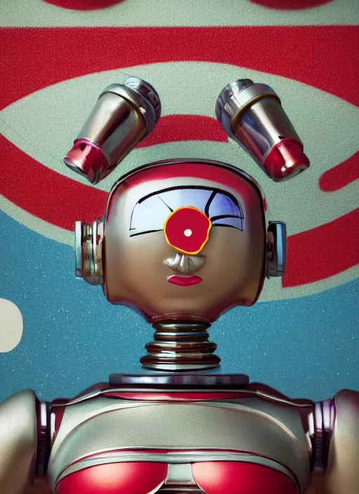 Image similar to portrait of a retro 1 9 5 0 s tin toy robot spacegirl wearing a bikini, depth of field, zeiss lens, detailed, symmetrical, centered, fashion photoshoot, by nicoletta ceccoli, mark ryden, lostfish, breathtaking, 8 k resolution, extremely detailed, beautiful, establishing shot, artistic, hyperrealistic, octane render