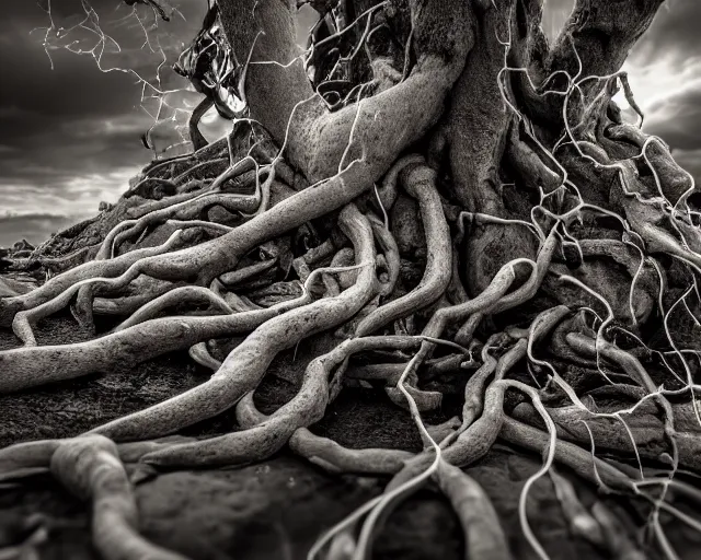 Image similar to angry complex strings and cables electricity fight, action scene, sad face tree roots strangled, ancient oak, rock debris pieces, dust particles, dramatic lighting, electronic wires, fire sparks, high resolution photo,