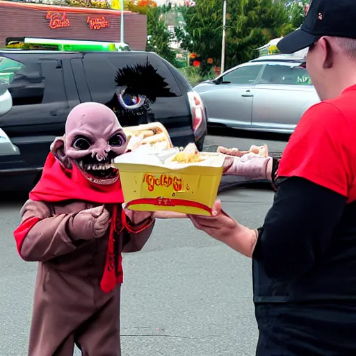 Prompt: creepy goblin handing out food at the mcdonald's drive through, photograph