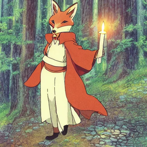 Image similar to a fantasy fox humanoid anime character carrying a candle in his hands, the forest, by studio ghibli and japanese style