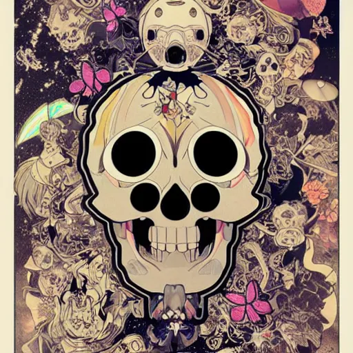 Prompt: anime manga skull portrait face astronaut space skeleton illustration style with butterflies by Alphonse Mucha and Takashi Murakami pop art nouveau