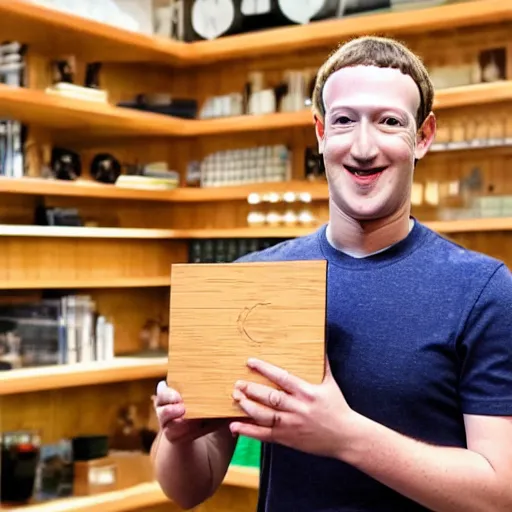 Image similar to mark zuckerberg holding circular, patterned wooden coaster up to the camera