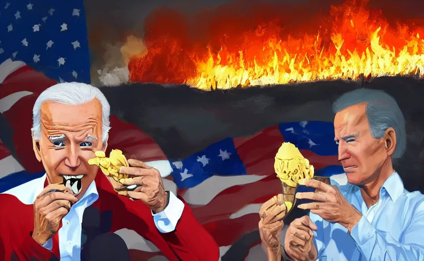Image similar to joe biden eating an ice cream with the whitehouse in flames behind him artwork by greg rutowski and brom, 4 k, masterpiece
