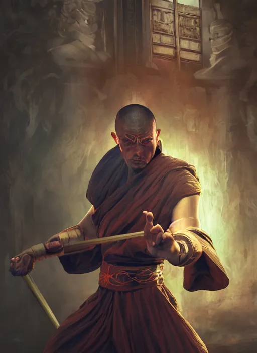 Image similar to A fantasy comic book style portrait painting of a monk as a martial arts fighter in a serene temple, unreal 5, DAZ, hyperrealistic, octane render, RPG portrait, ambient light, dynamic lighting