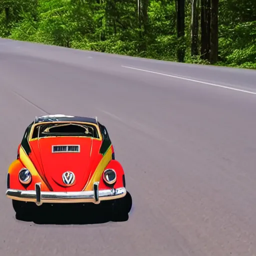 Image similar to promotional scifi - mystery movie scene of a ( volkswagen beatle ) and ladybug hybrid. racing down a dusty back - road in smokey mountains tennessee. cinematic, 4 k, imax, 7 0 mm