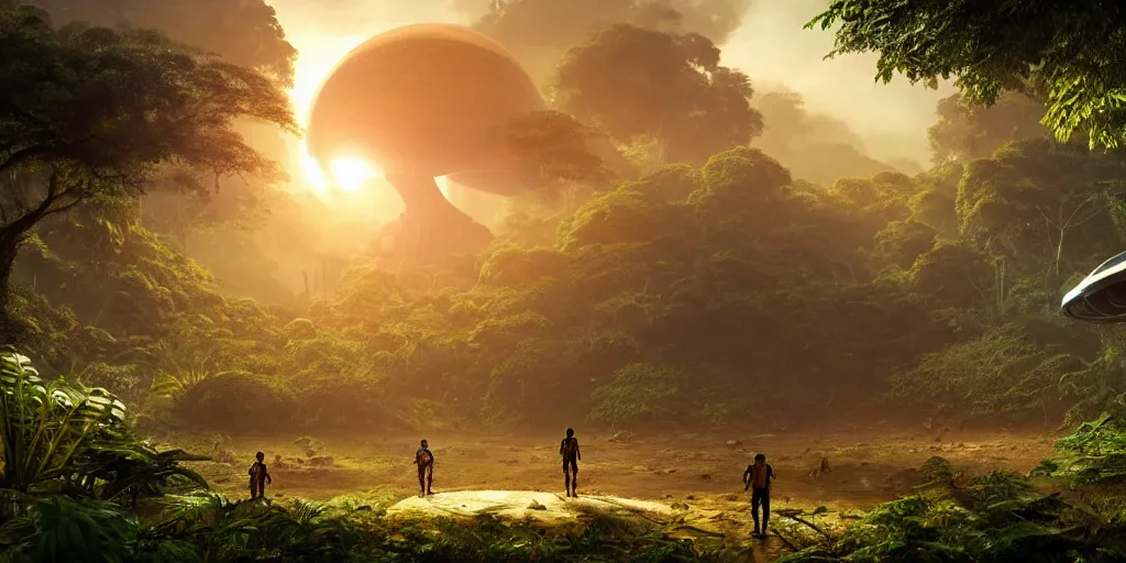 Prompt: a huge futuristic rusty old alien spaceship, next to it a smaller exploration ship on a landing pad, surrounded by a lush jungle, in the foreground two explorers are having a conversation and small animals! are walking around, golden hour, volumetric light, hyperdetailed, artstation, cgsociety, 8k