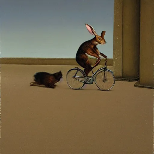 Image similar to a rabbit is chasing a car on a bicycle, by michael sowa.