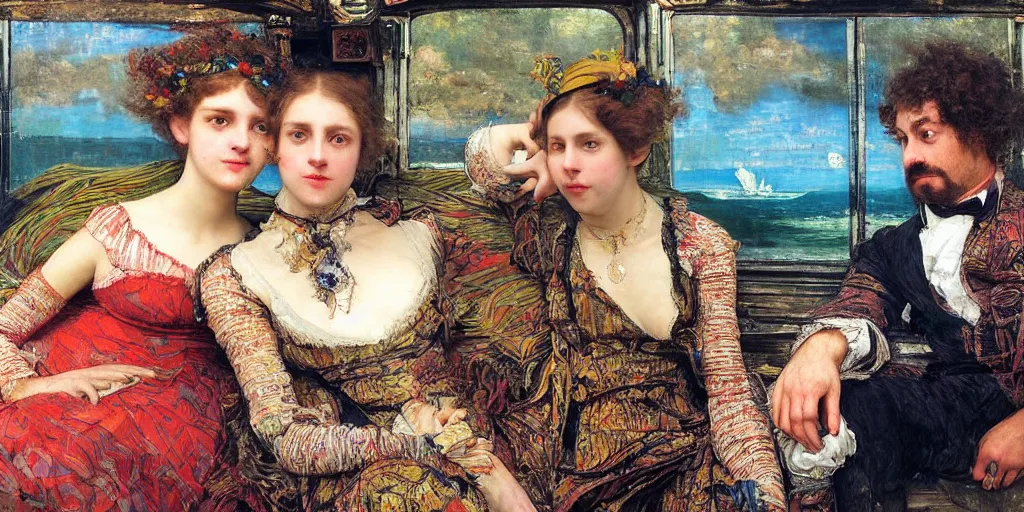 Prompt: detailed colourful masterpiece of photography couple portrait sat down extreme closeup, inside an underwater train, wearing unusual clothes, by william powell frith and ford maddox brown and frederic leighton and john william waterhouse