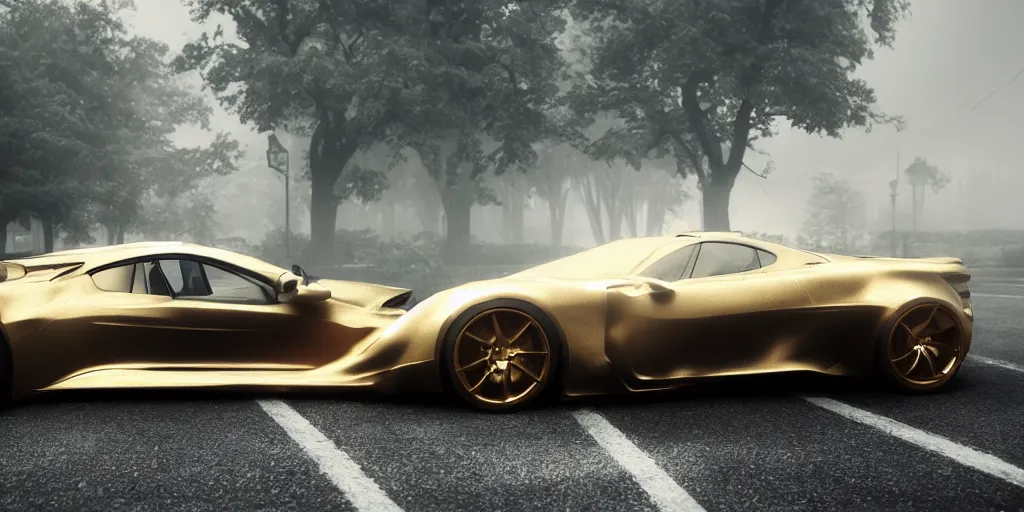 Prompt: parked fantasy slick super car, fog, rain, volumetric lighting, beautiful, golden hour, sharp focus, highly detailed, cgsociety