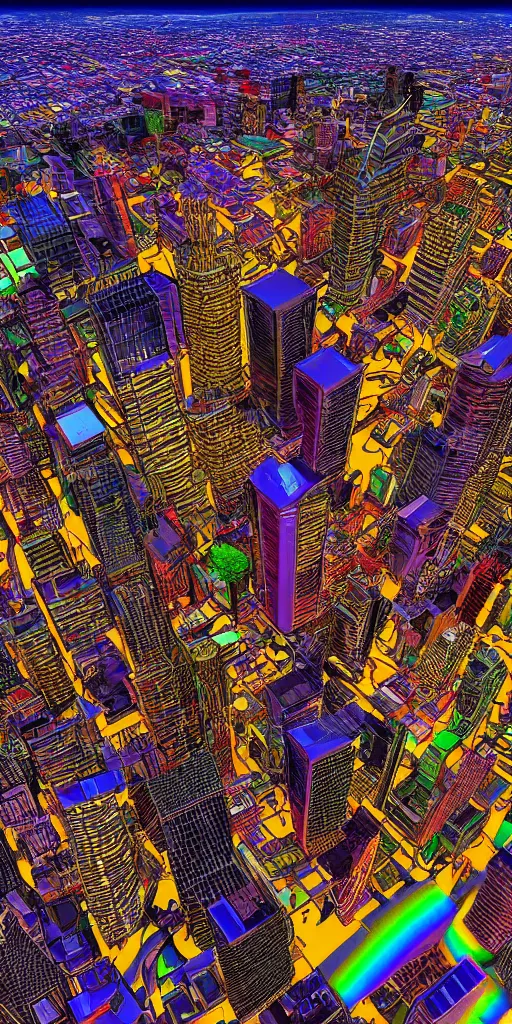 Image similar to hyper realistic photo of calgary downtown city view, 1 6 k, hyper realistic, fractal art, art station, coherent design, symmetrical, vivid colour, complementary colour, golden ratio, detailed, sharp lines, intricate, rainbow shift, in unreal 3 d engine, ray tracing, octane render