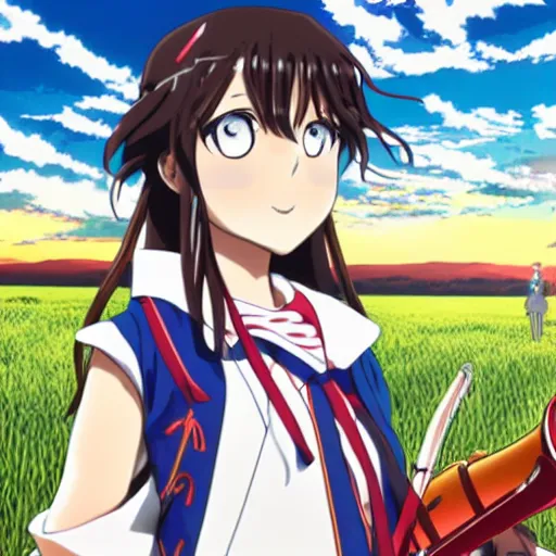 Prompt: kumiko Oumae in Anime style Surrounded by a field of Euphoniums during a partly cloudy sunset featuring Reina Kousaka