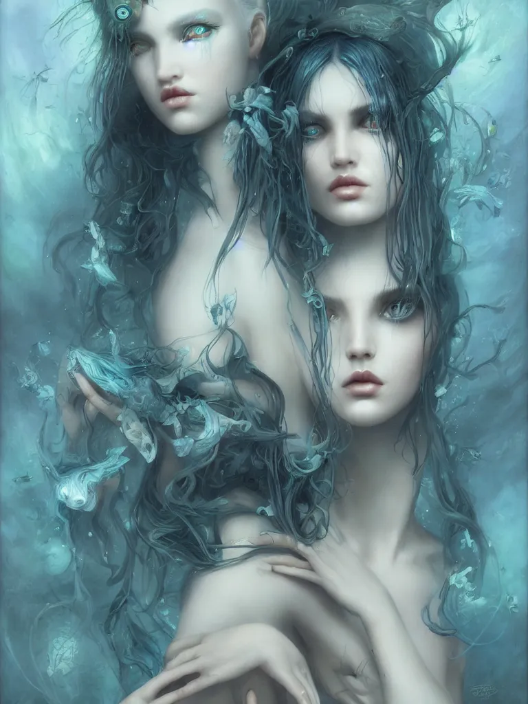 Image similar to a seapunk portrait of a nymph with shadowy eyes and bonewhite hair, with black glossy lips, hyperrealistic, award-winning, masterpiece, in the style of Tom Bagshaw, Cedric Peyravernay, Peter Mohrbacher